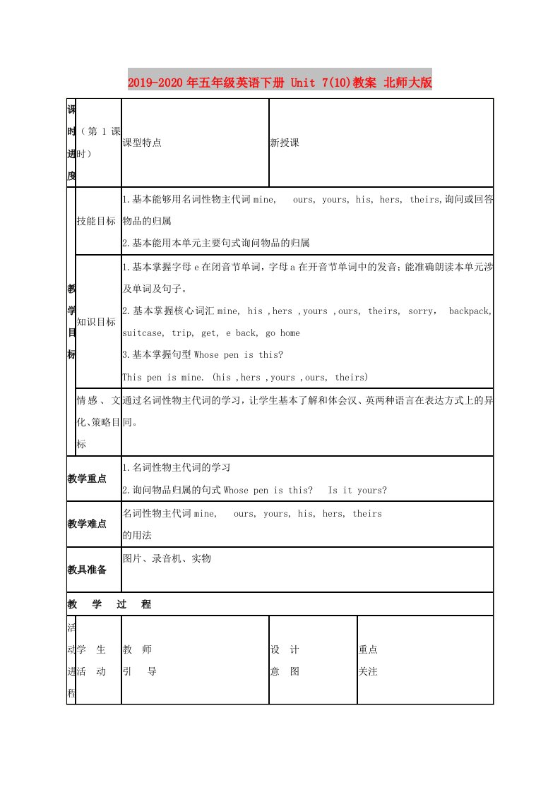 2019-2020年五年级英语下册