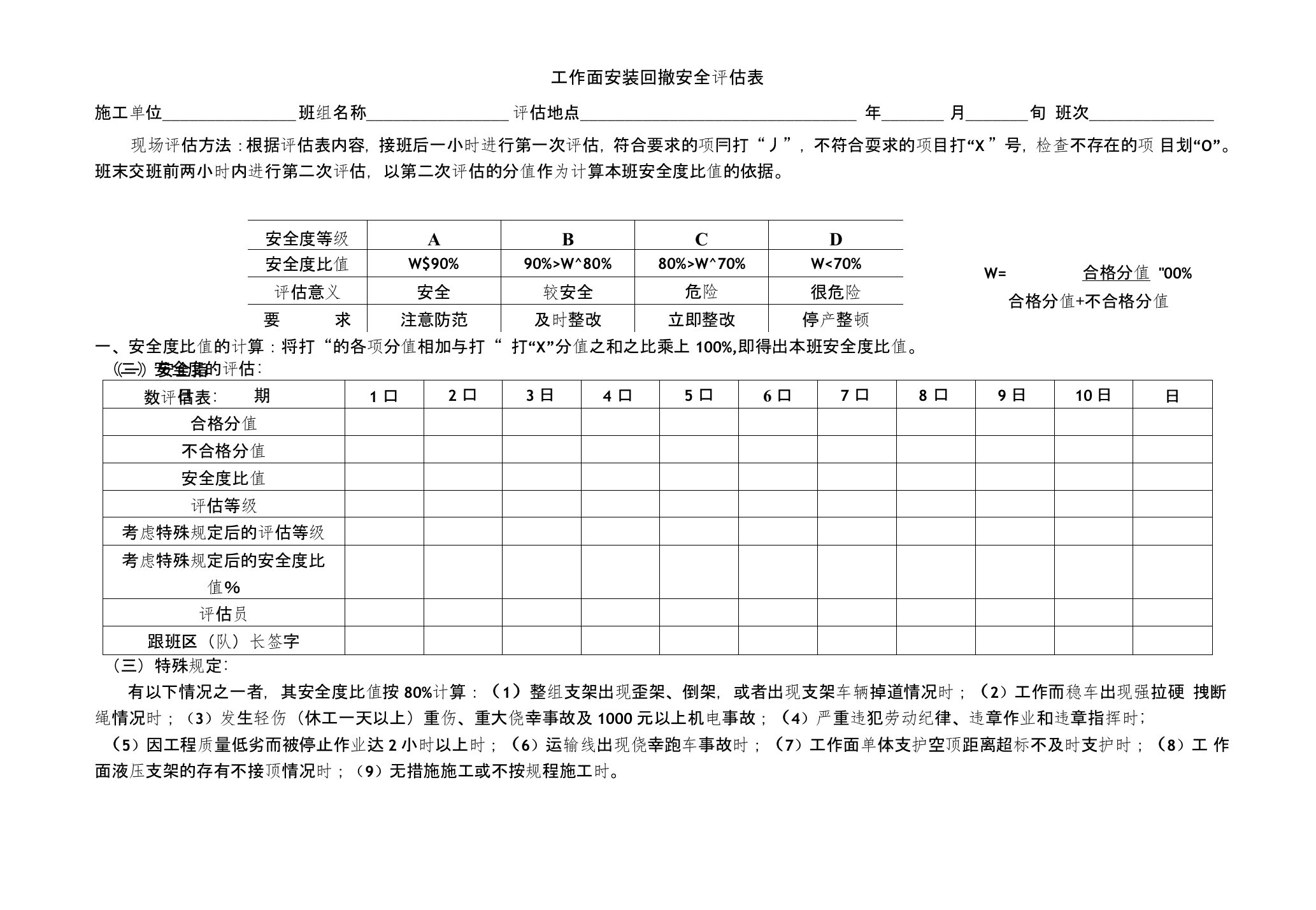 工作面安装回撤安全评估表