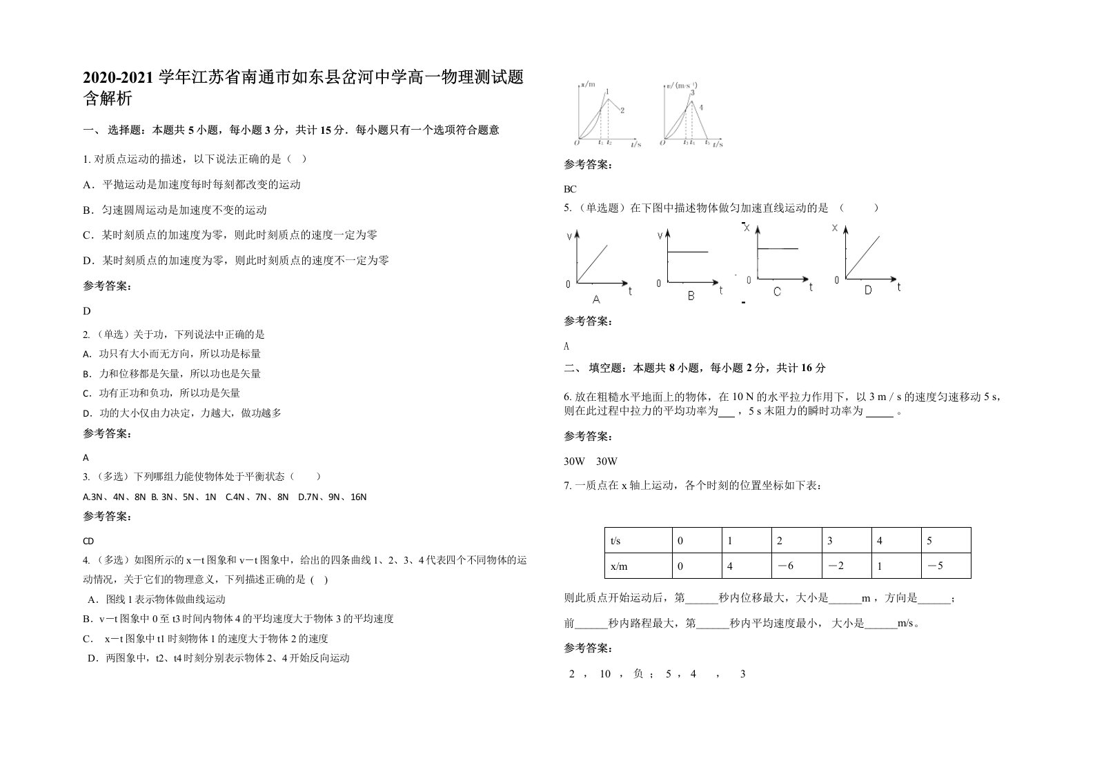 2020-2021学年江苏省南通市如东县岔河中学高一物理测试题含解析