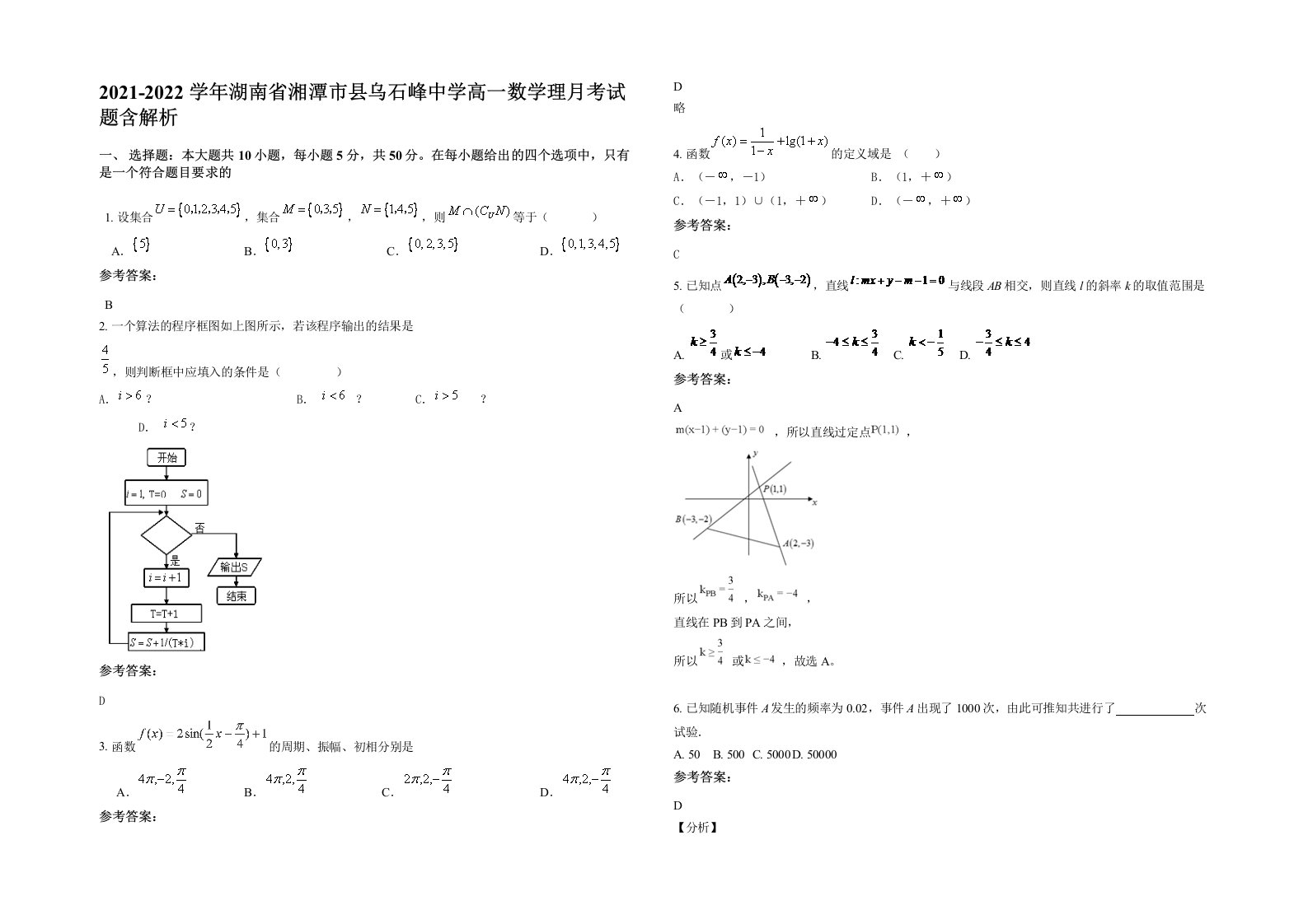 2021-2022学年湖南省湘潭市县乌石峰中学高一数学理月考试题含解析