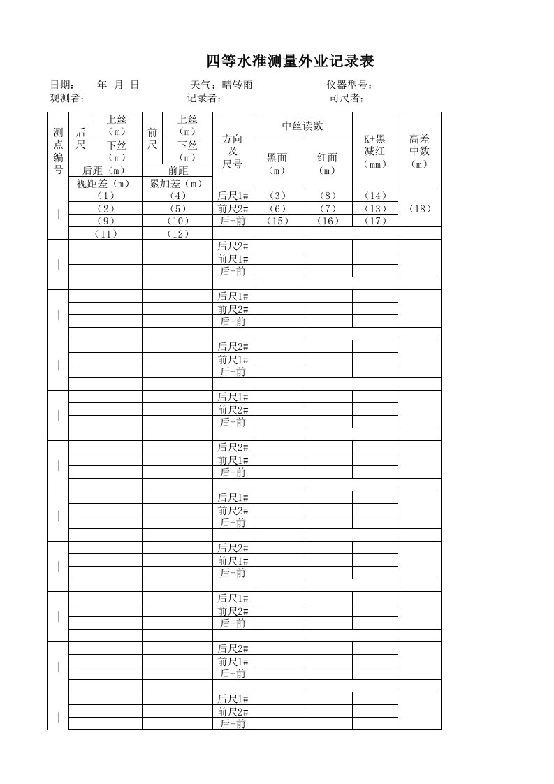 四等水准测量外业记录表