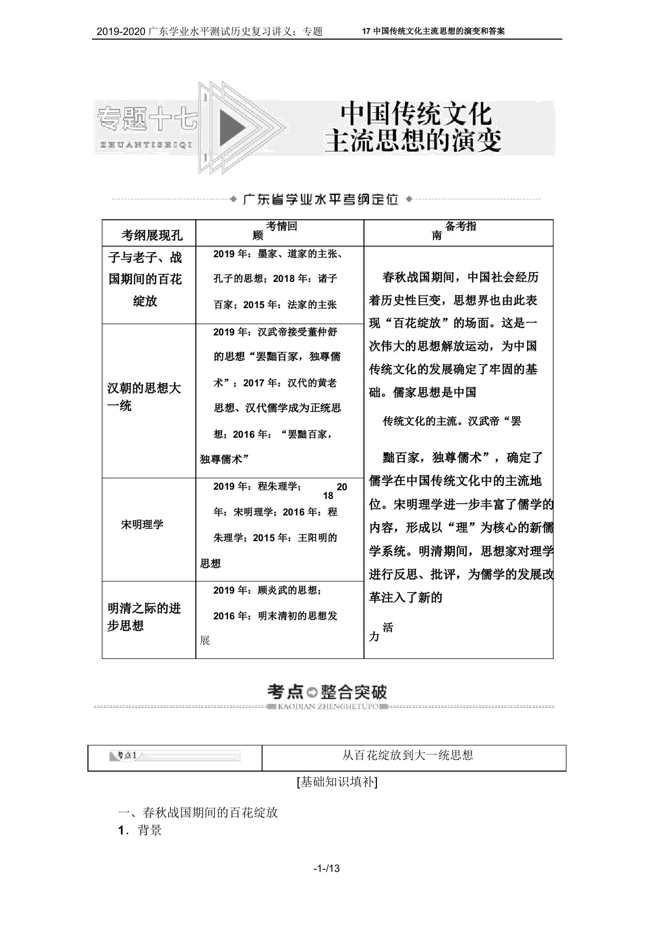 2019-2020广东学业水平测试历史复习讲义：专题17中国传统文化主流思想的演变和答案