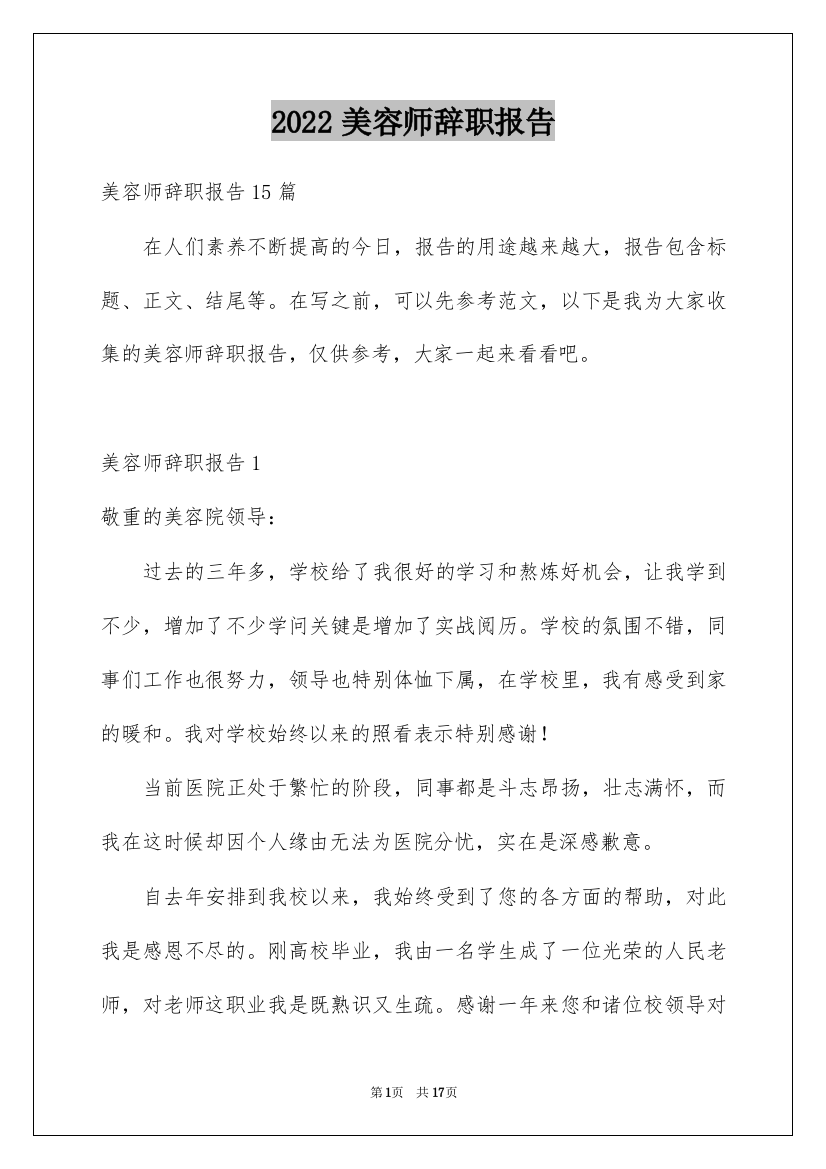 2022美容师辞职报告