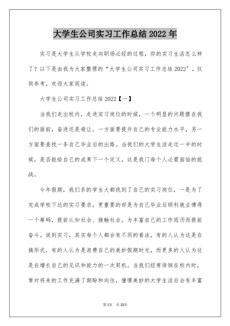 大学生公司实习工作总结2022年