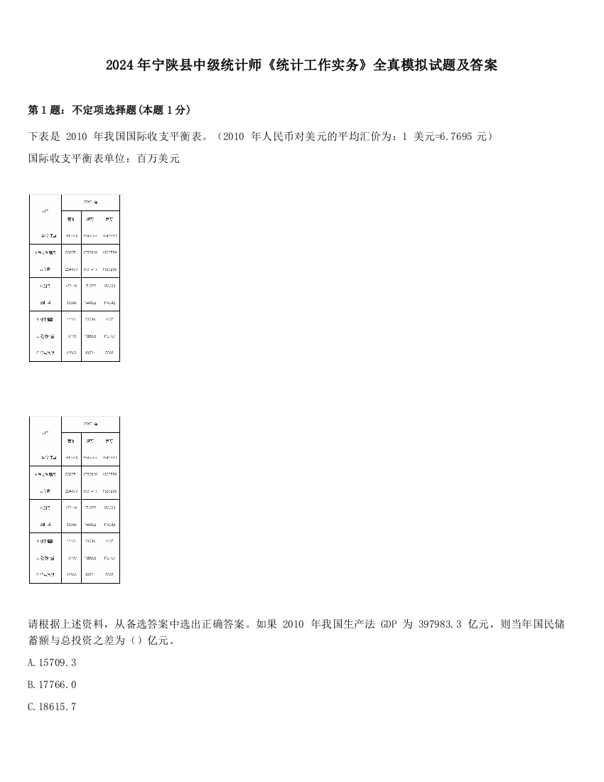 2024年宁陕县中级统计师《统计工作实务》全真模拟试题及答案