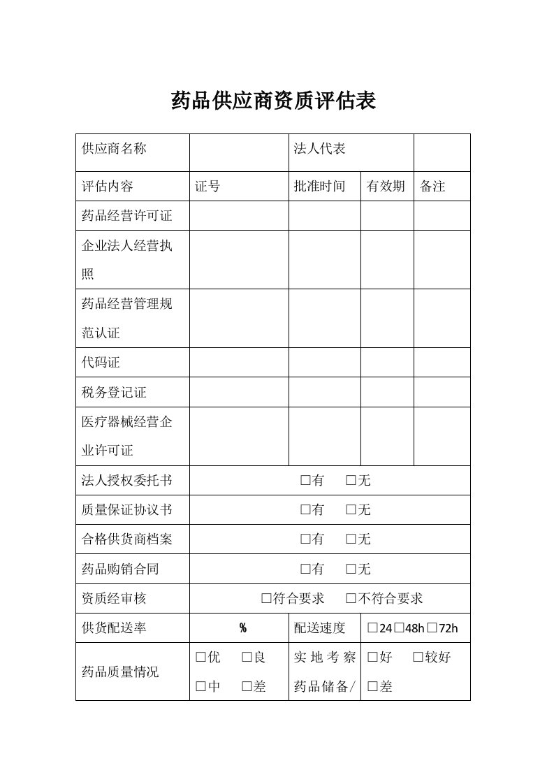 药品供应商资质评估表