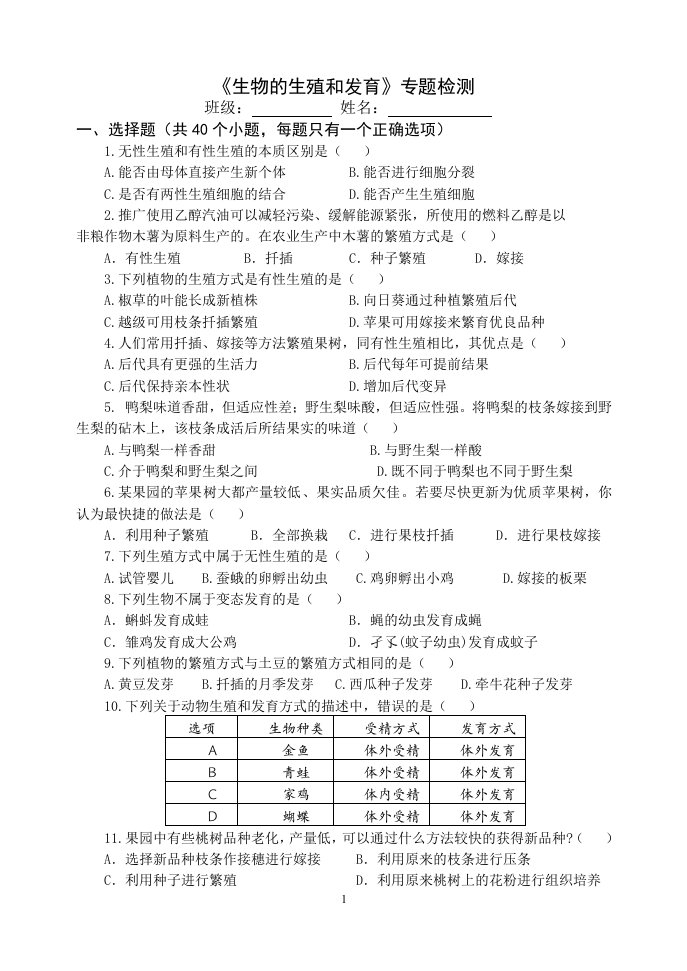 《生物的生殖和发育》专题检测