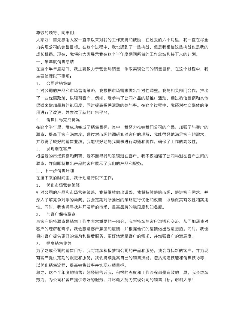 销售个半年度总结计划