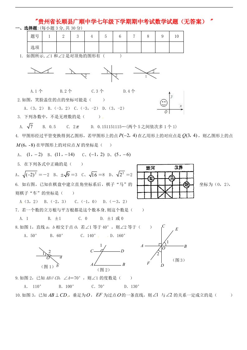 贵州省长顺县广顺中学七级数学下学期期中试题（无答案）