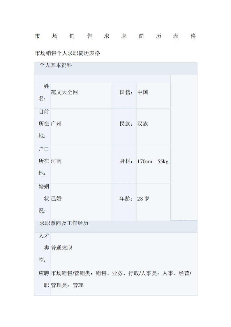 市场销售求职简历表格