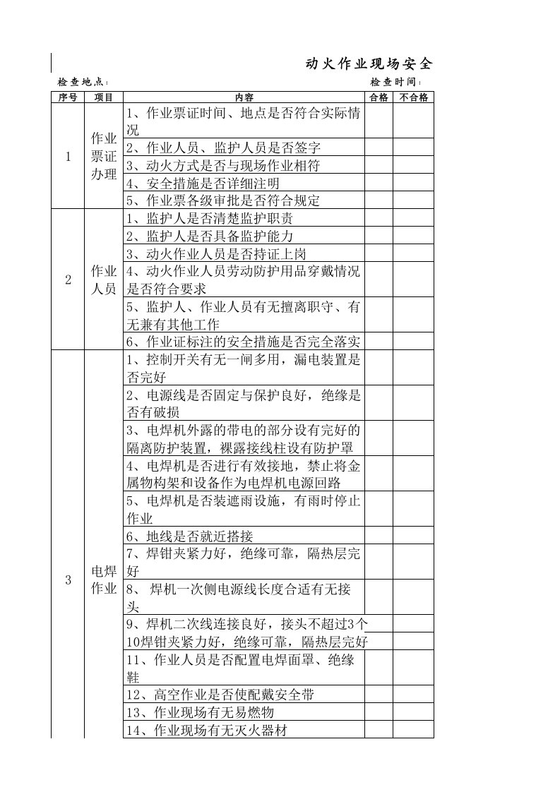 高危作业安全检查表