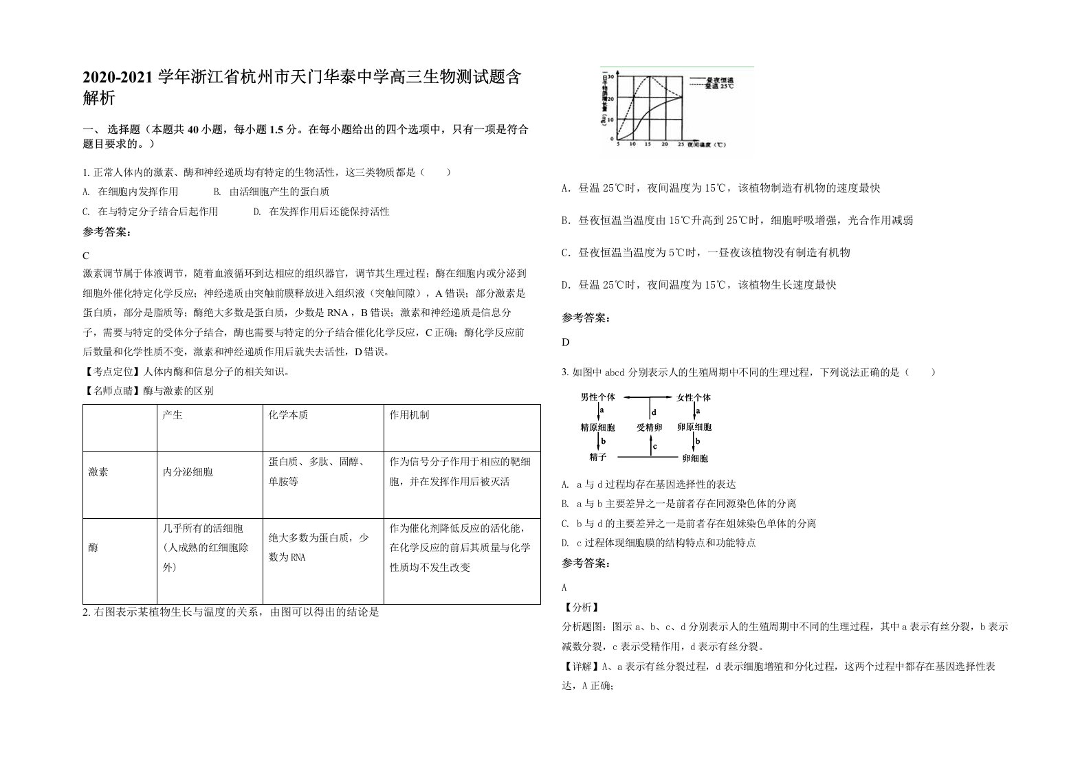 2020-2021学年浙江省杭州市天门华泰中学高三生物测试题含解析