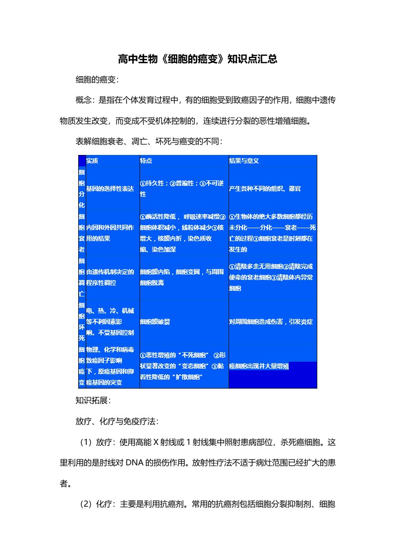 高中生物细胞的癌变知识点汇总