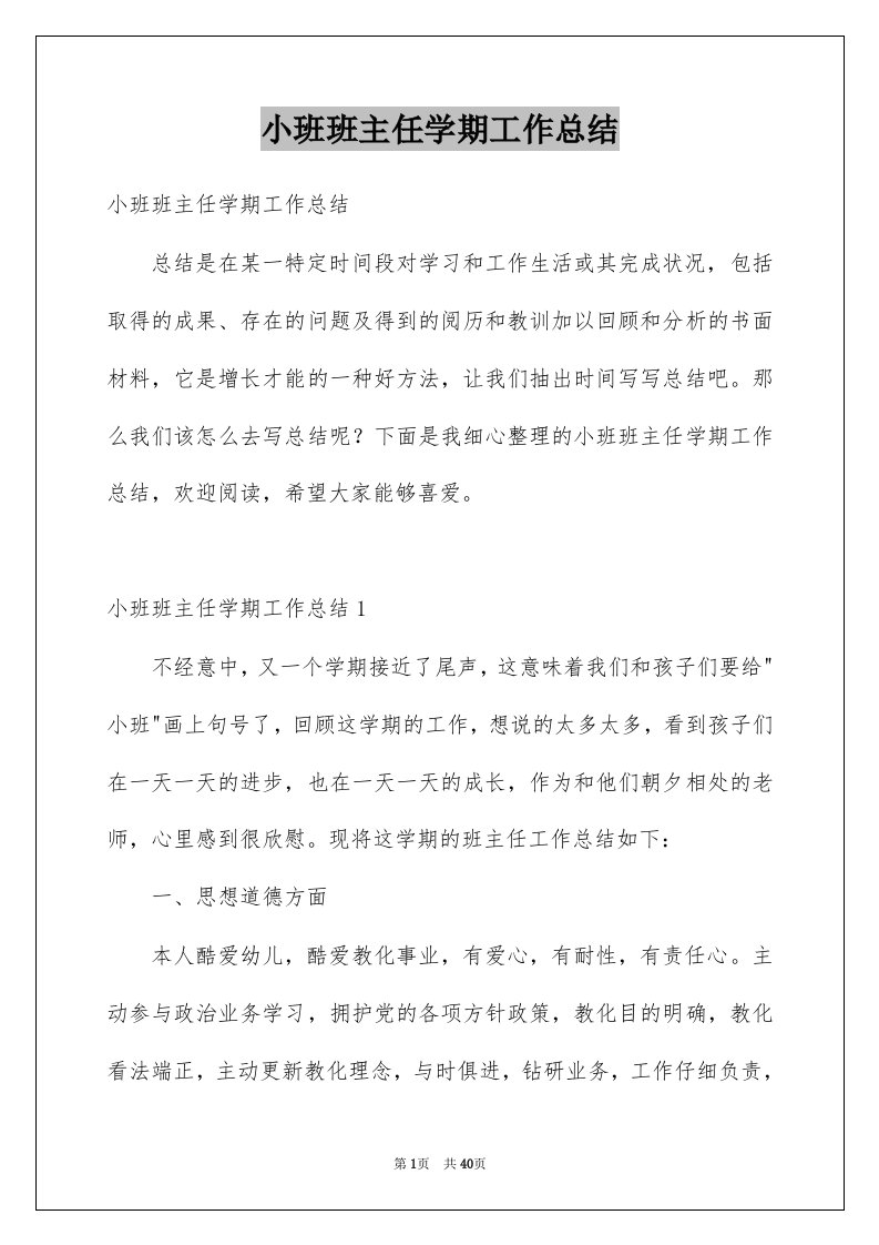 小班班主任学期工作总结例文