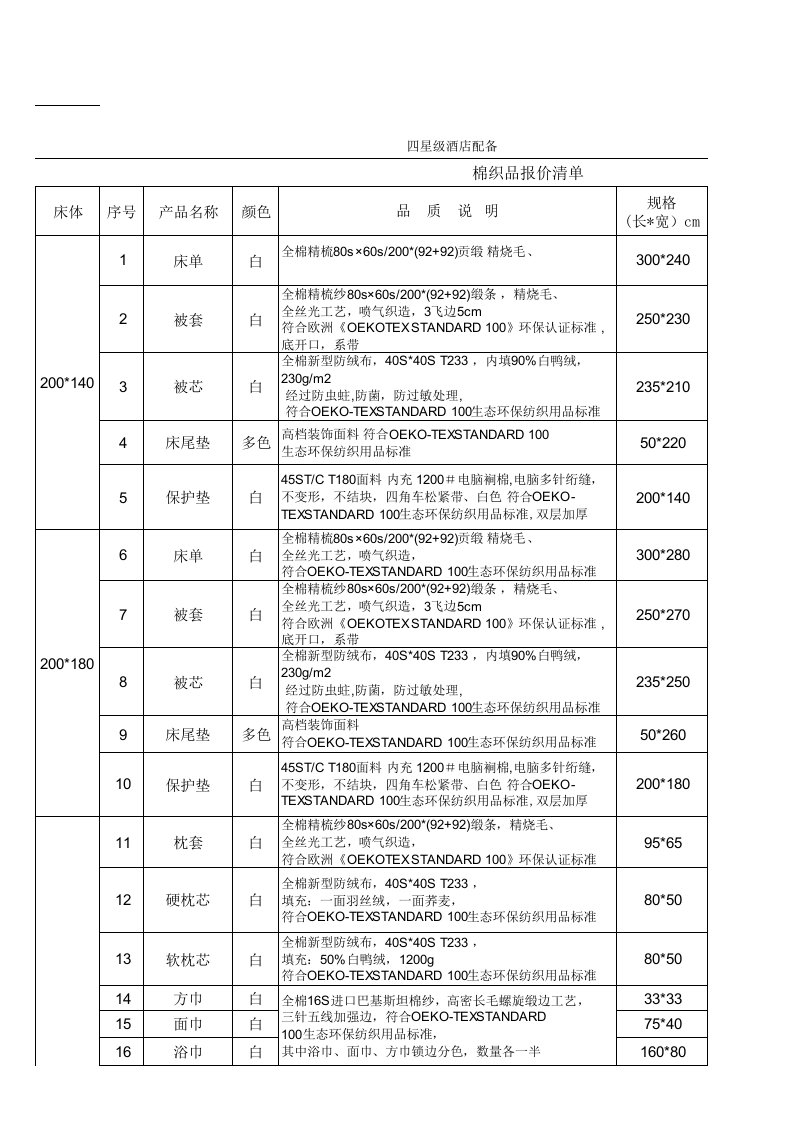 四星级酒店报价清单