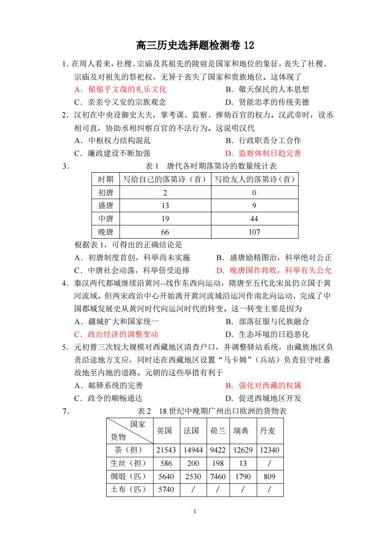 高三历史选择题检测卷12