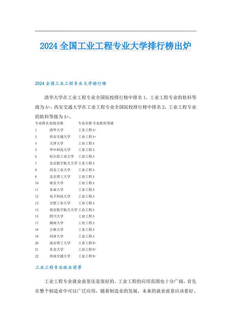 2024全国工业工程专业大学排行榜出炉