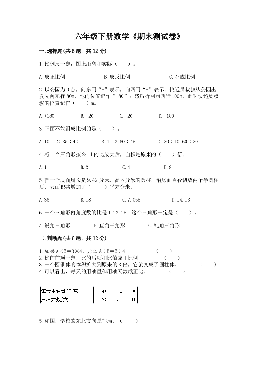 六年级下册数学《期末测试卷》精品(历年真题)