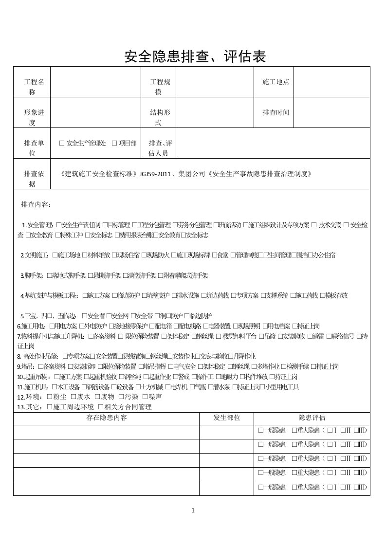 安全隐患、排查评估表