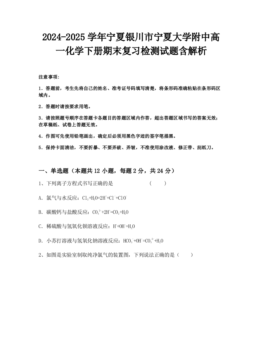 2024-2025学年宁夏银川市宁夏大学附中高一化学下册期末复习检测试题含解析