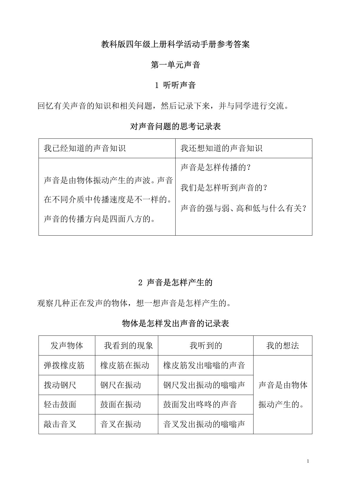 教科版小学科学新版四年级上册科学活动手册参考答案