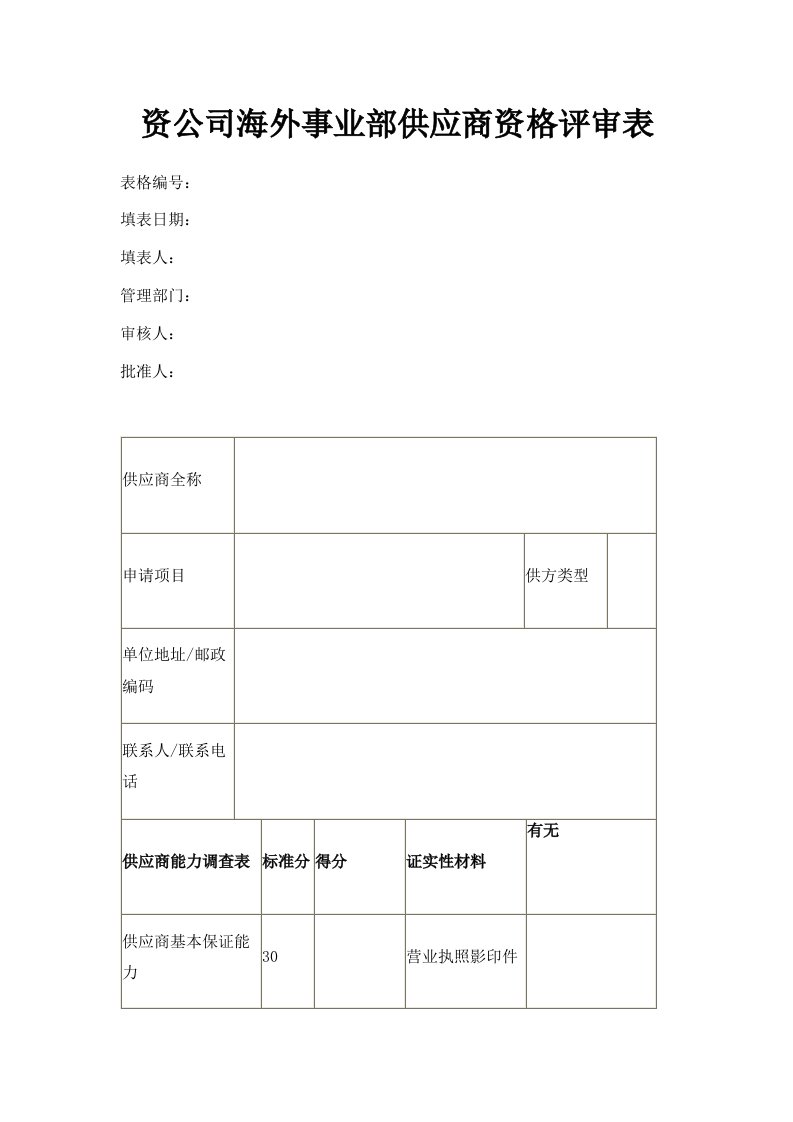 资公司海外事业部供应商资格评审表