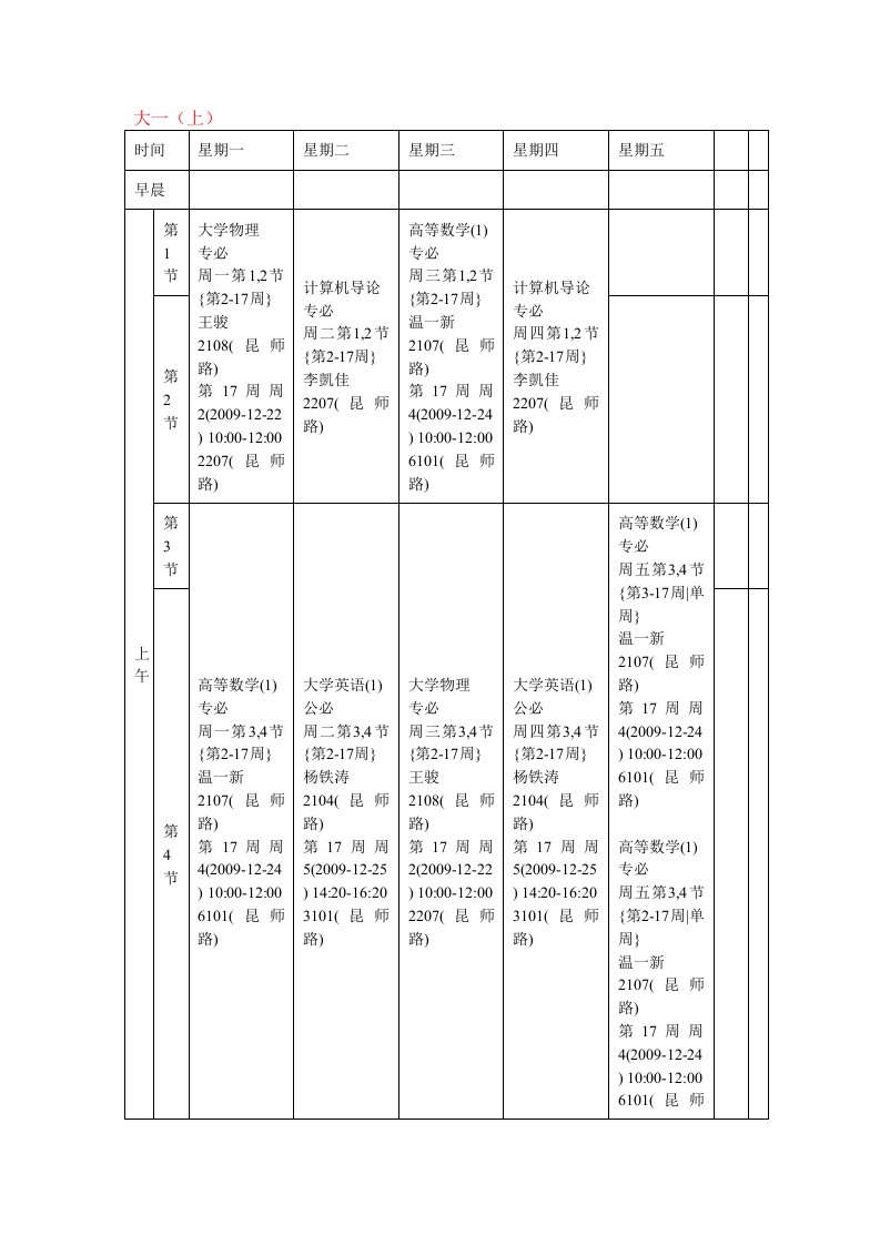 网络工程专业课表