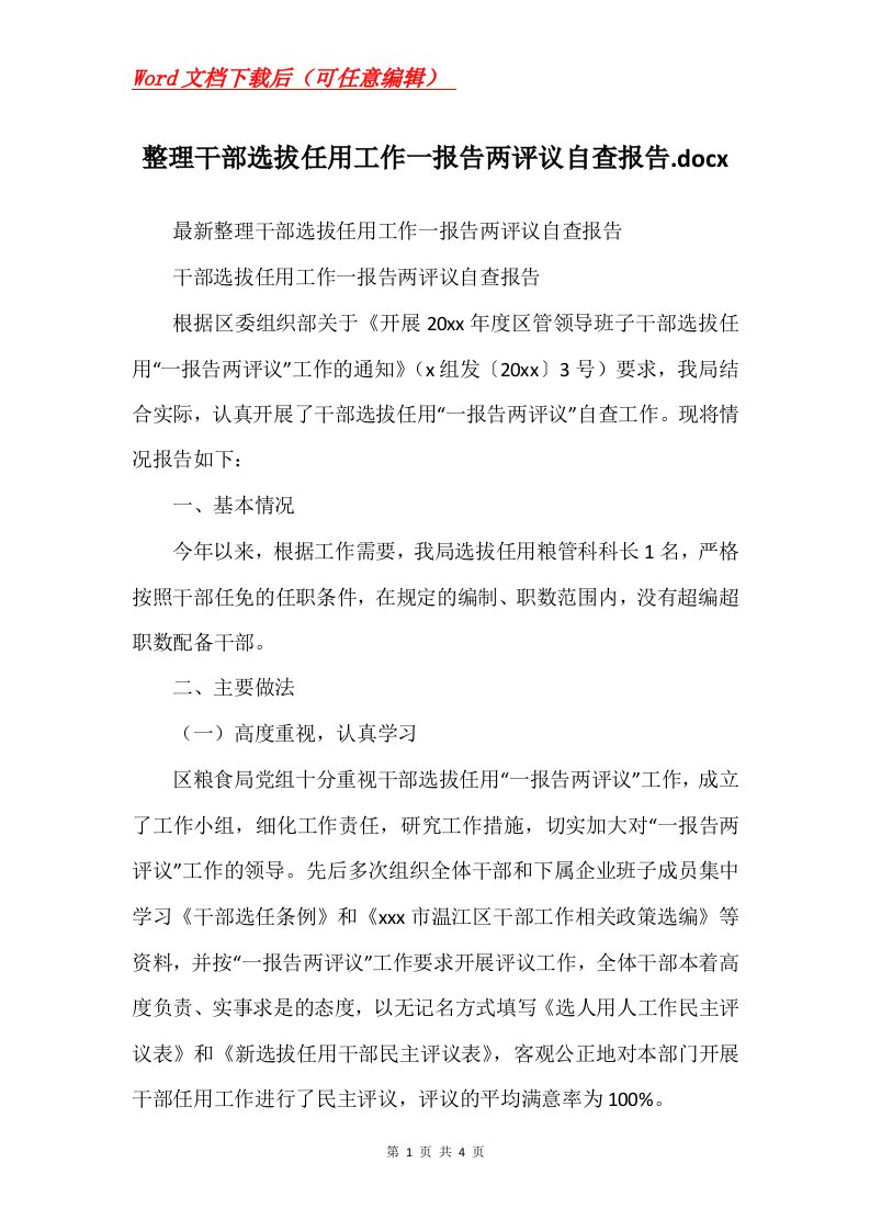 整理干部选拔任用工作一报告两评议自查报告.docx