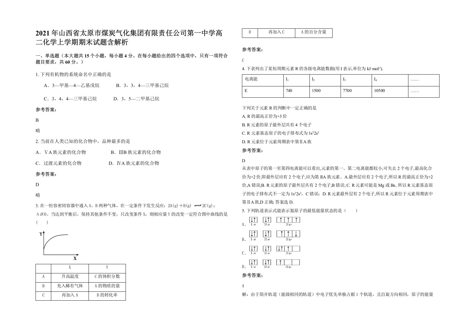 2021年山西省太原市煤炭气化集团有限责任公司第一中学高二化学上学期期末试题含解析