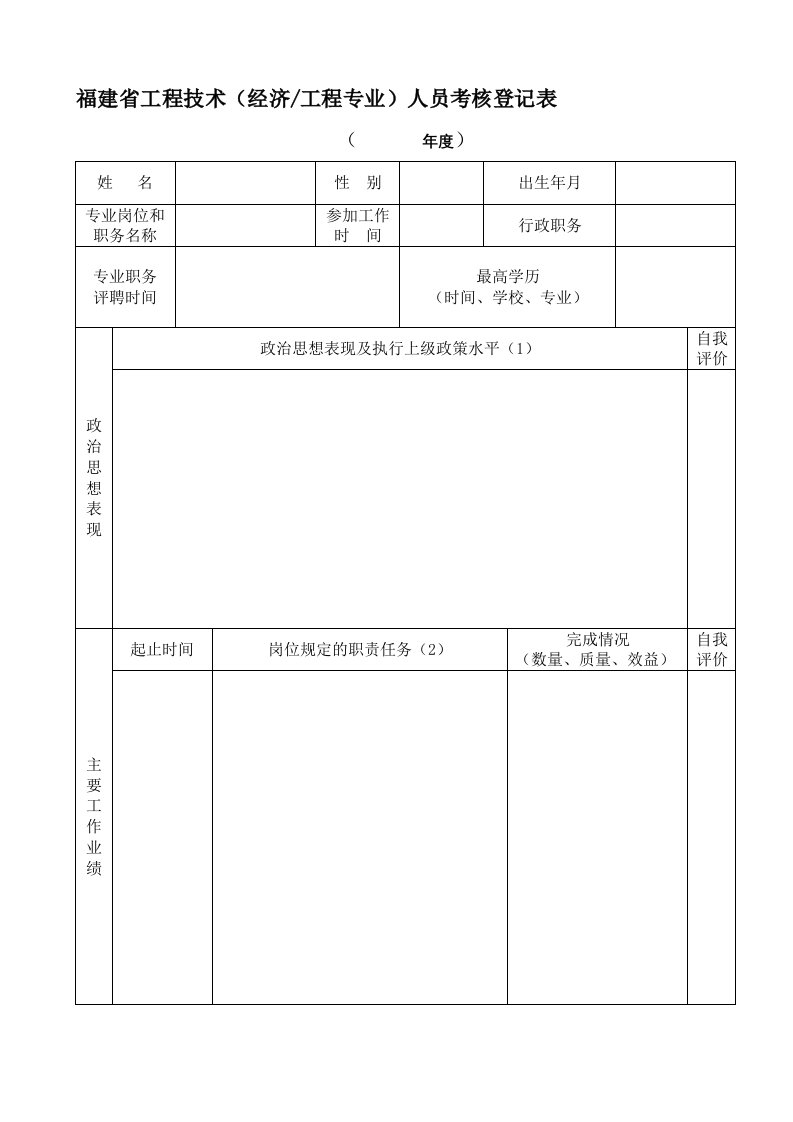 福建省工程技术人员考核登记表