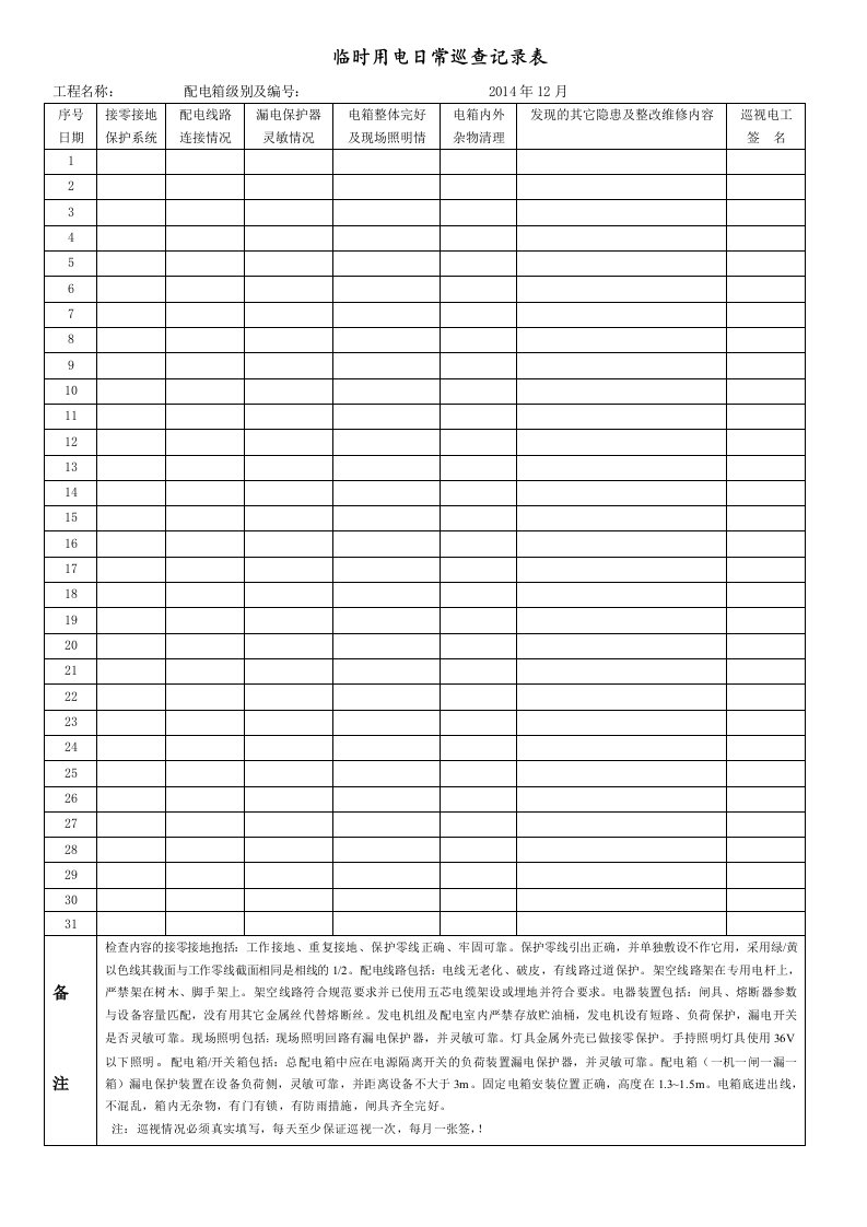 临时用电日常巡查报告表格