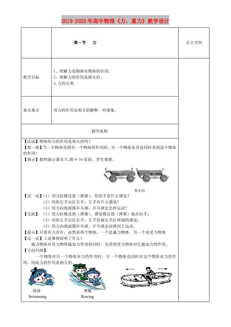 2019-2020年高中物理《力，重力》教学设计