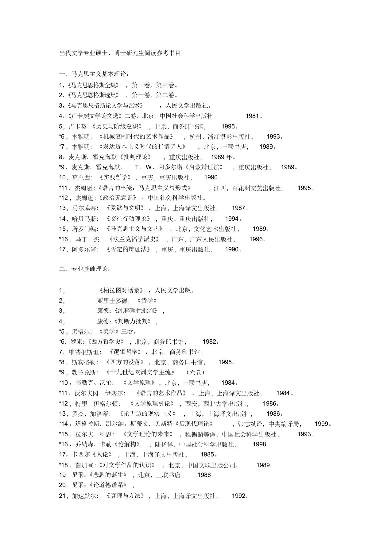 北京大学当代文学专业硕士必读书目