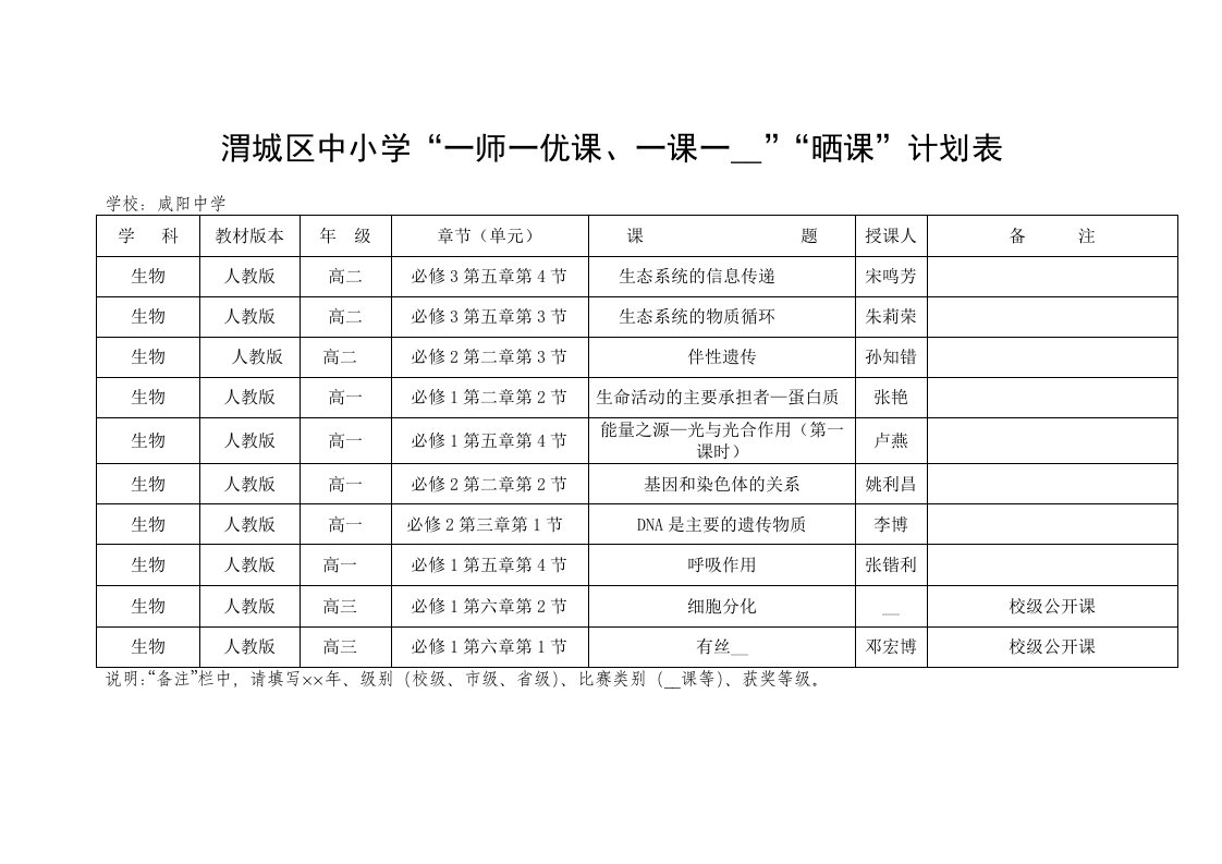 陕西咸阳中学晒课计划表