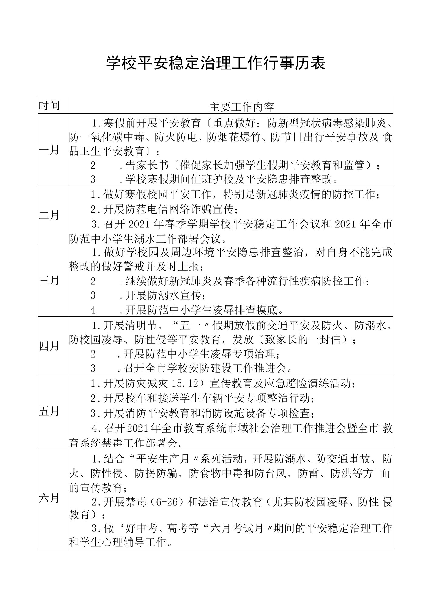 2022年学校安全稳定管理工作行事历表