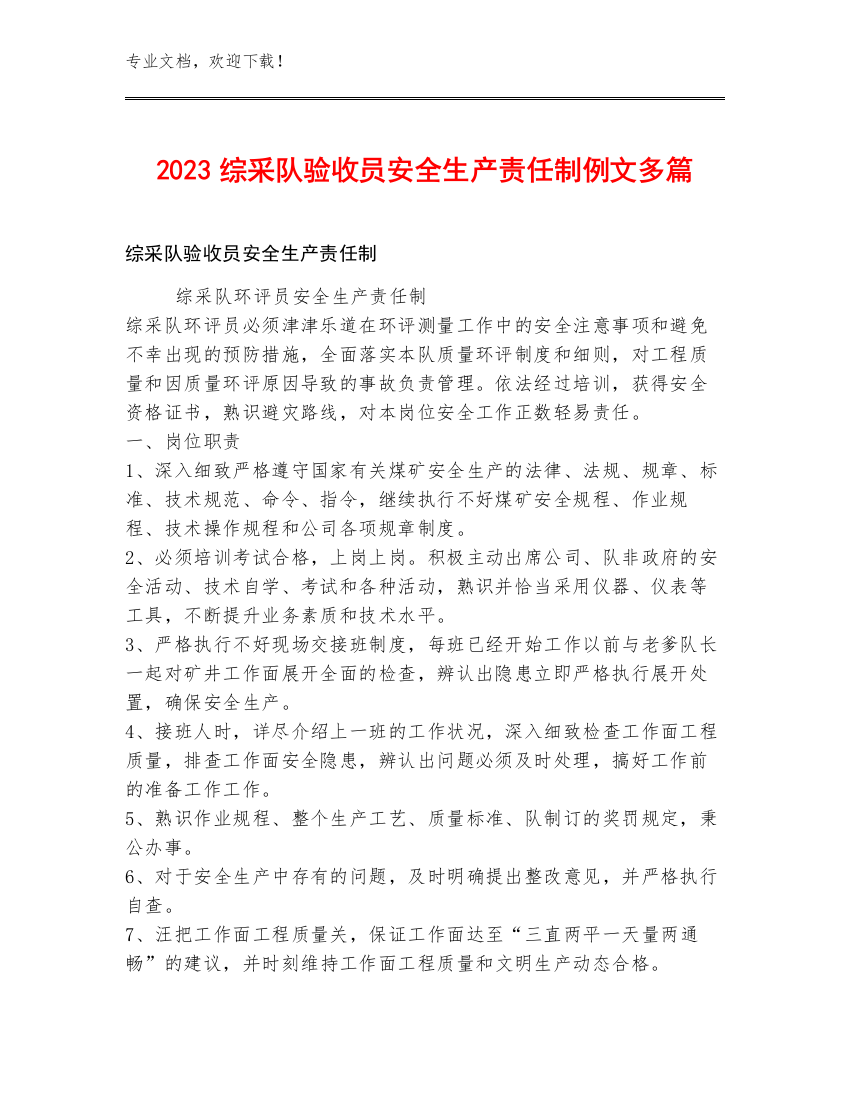 2023综采队验收员安全生产责任制例文多篇