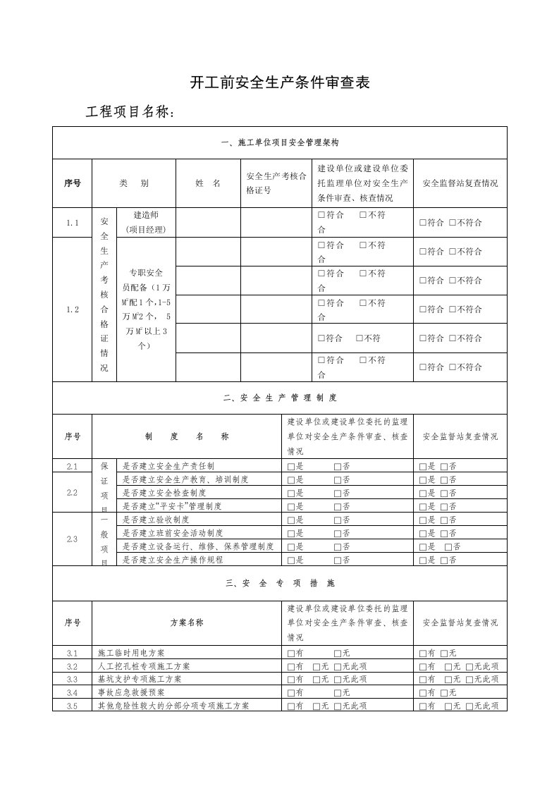 开工前安全生产条件审查表