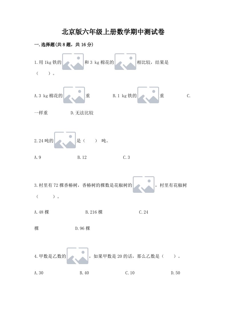 北京版六年级上册数学期中测试卷（真题汇编）