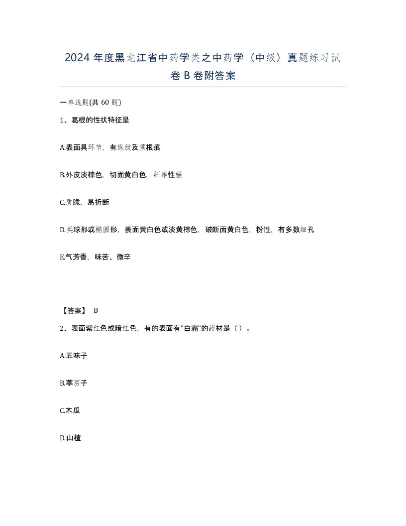 2024年度黑龙江省中药学类之中药学中级真题练习试卷B卷附答案