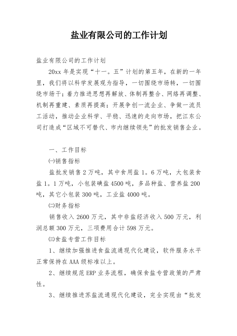 盐业有限公司的工作计划