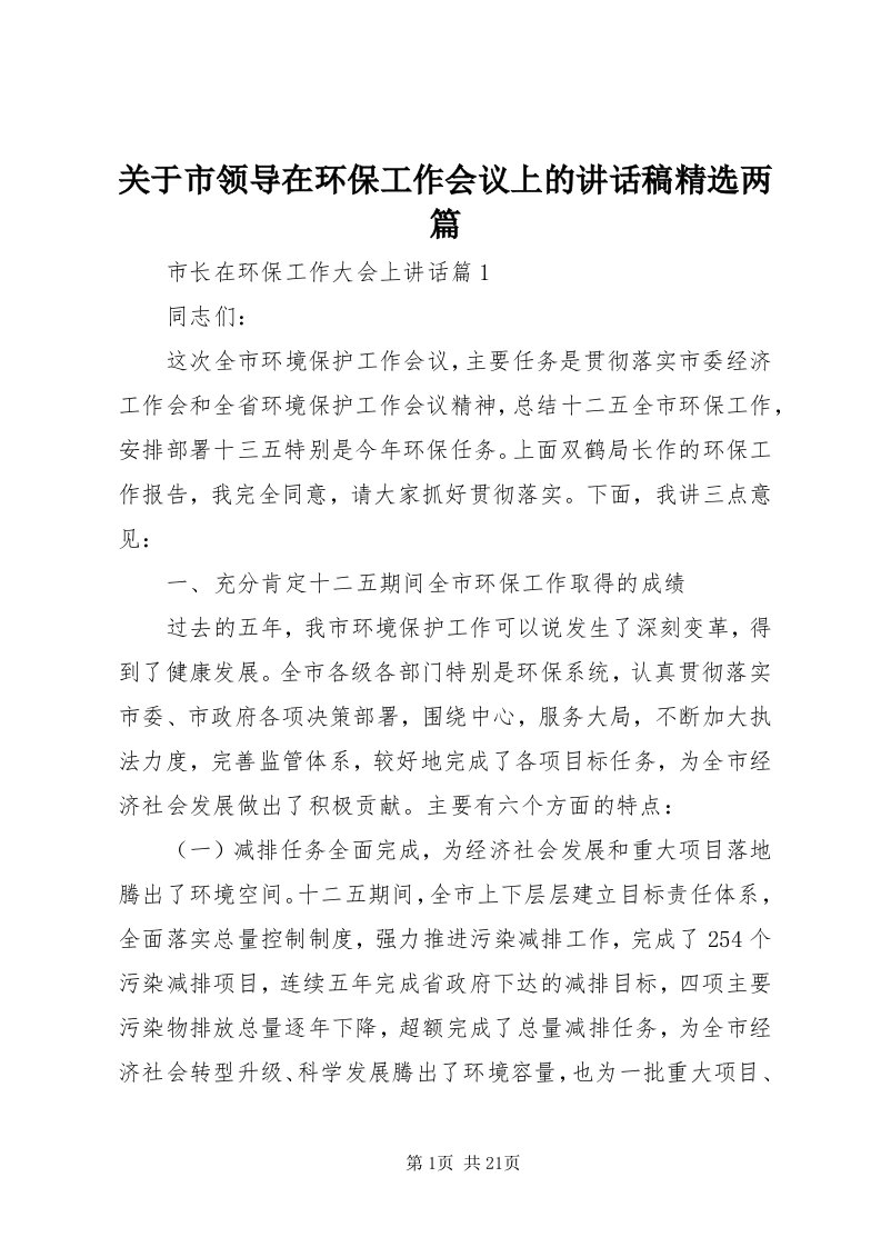 3关于市领导在环保工作会议上的致辞稿精选两篇