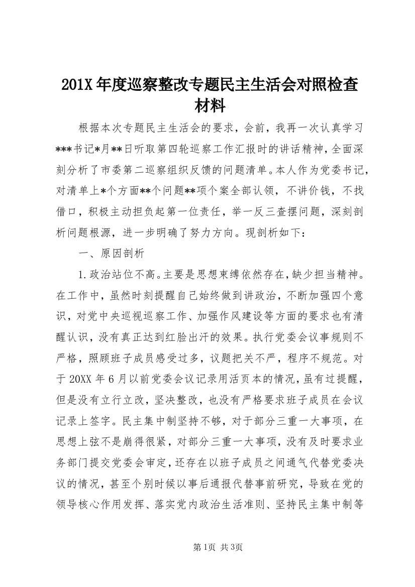 201X年度巡察整改专题民主生活会对照检查材料