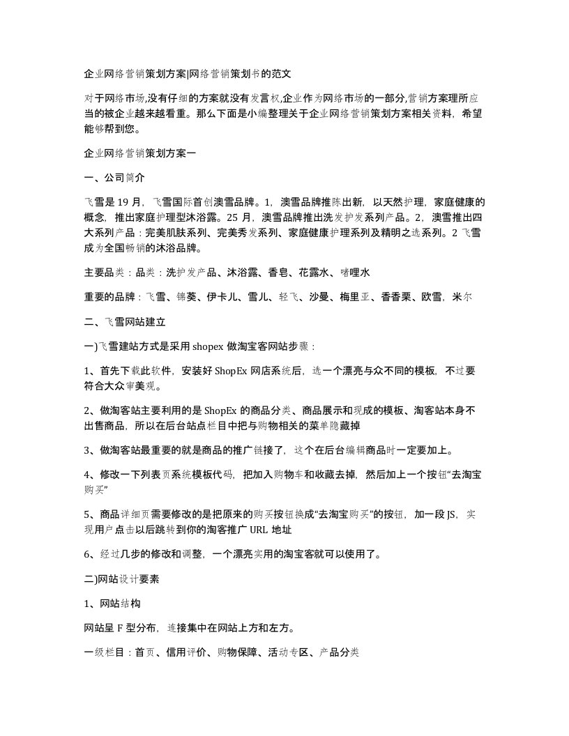 企业网络营销策划方案网络营销策划书的范文