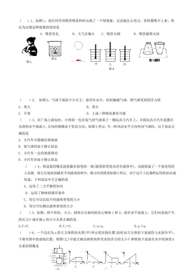 自己整理压强浮力选择题100道