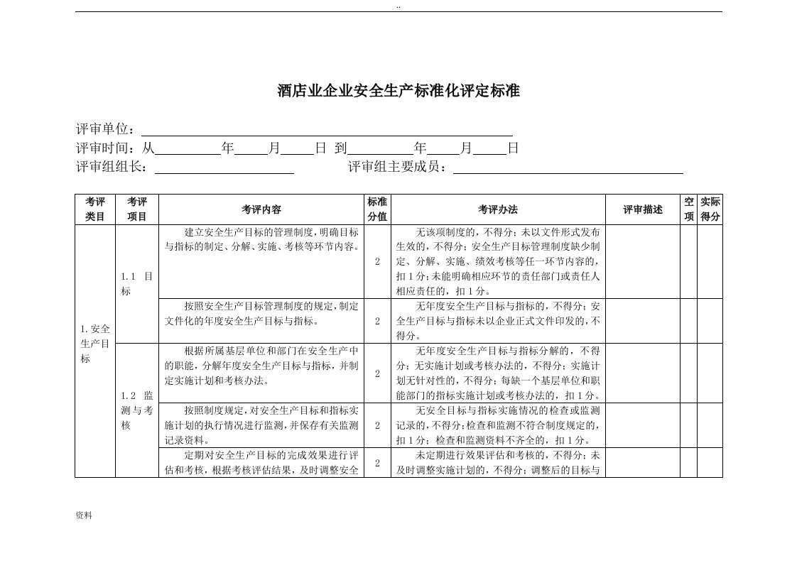 酒店业企业安全企业生产标准化评定标准