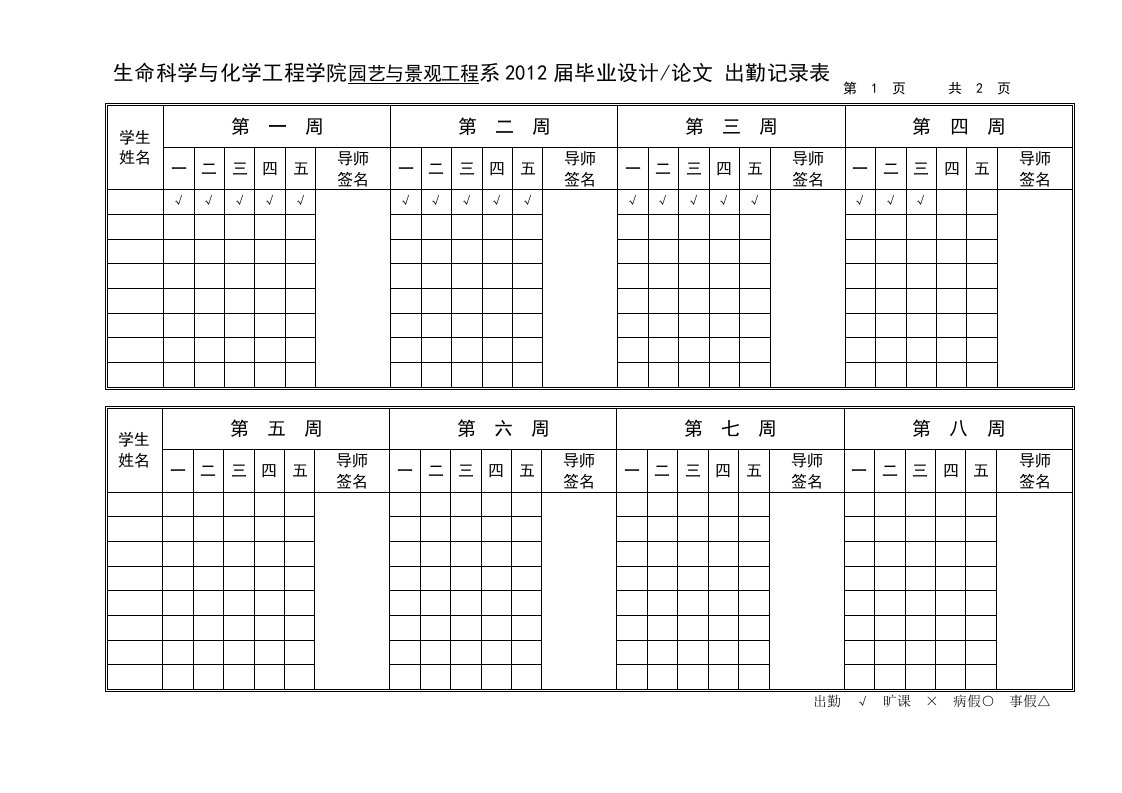 毕业设计考勤工作记录表