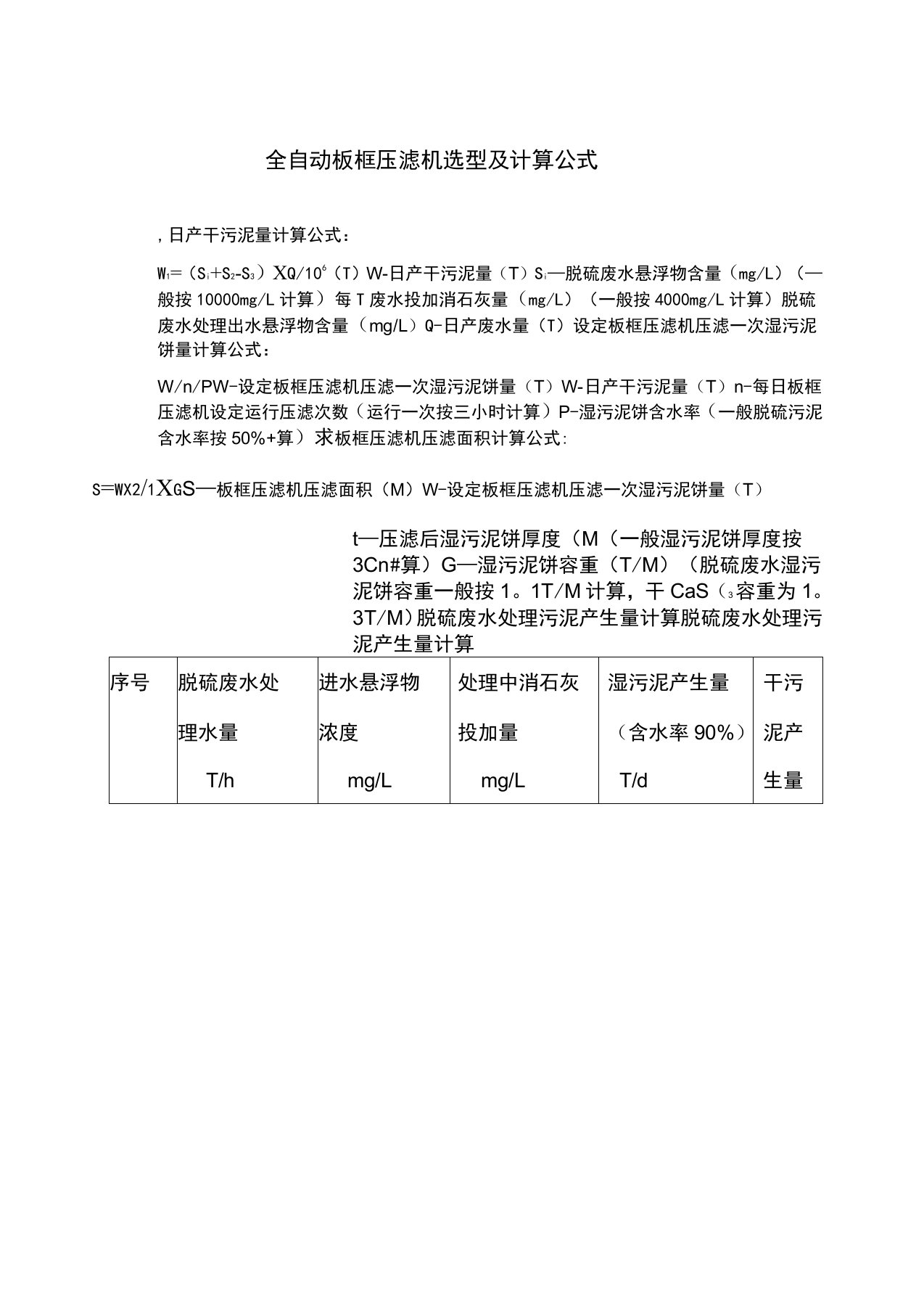 脱硫废水全自动板框压滤机选型及计算公式