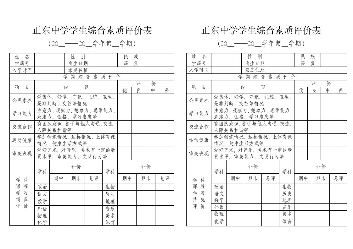 正东中学学生综合素质评价表