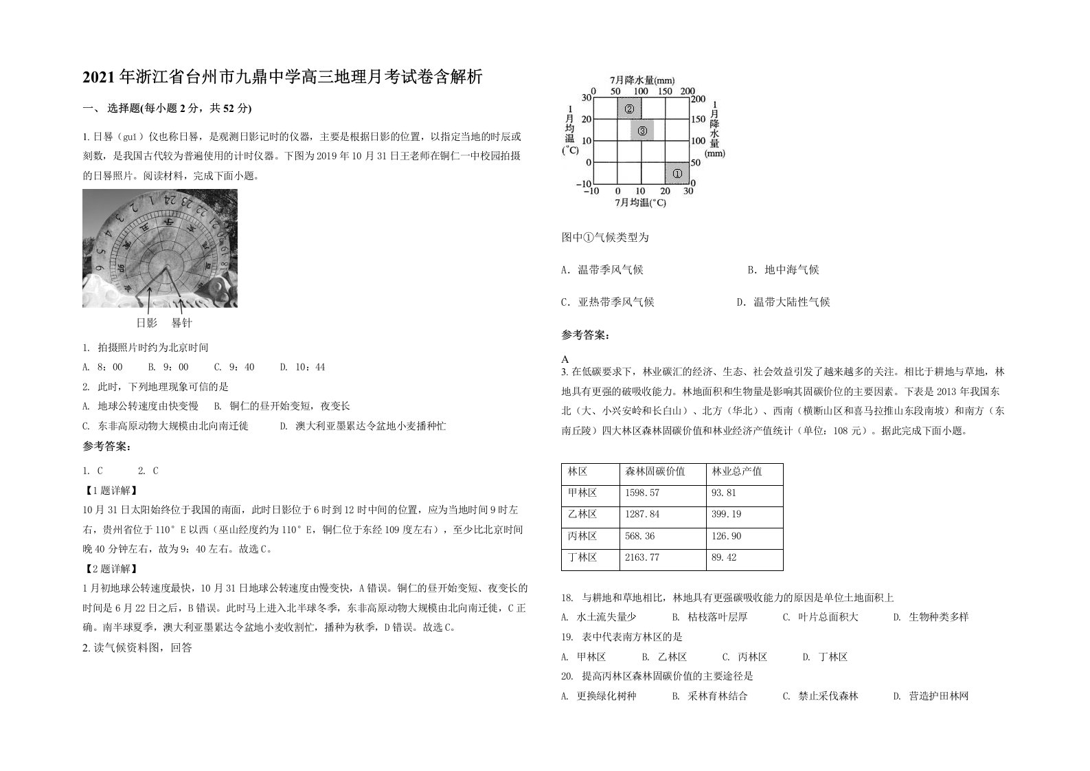 2021年浙江省台州市九鼎中学高三地理月考试卷含解析