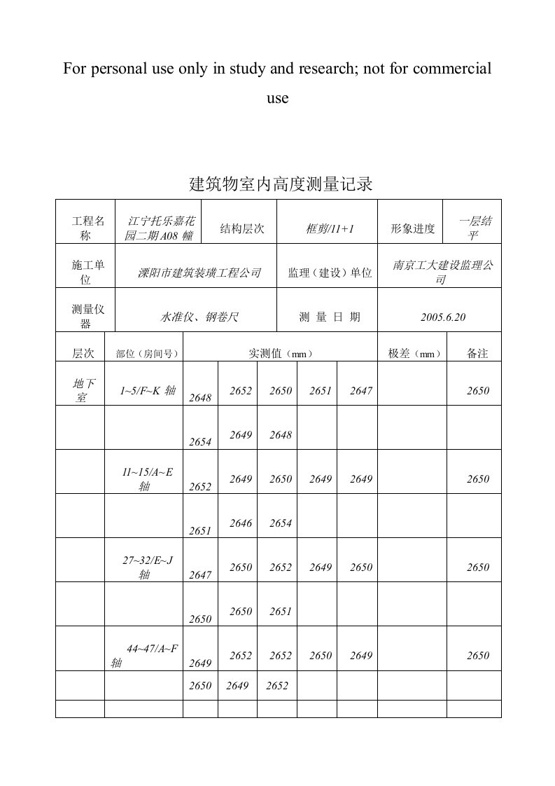 建筑物室内高度测量记录